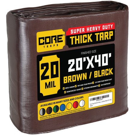 CORE TARPS 40 ft L x 0.5 mm H x 20 ft W Heavy Duty 20 Mil Tarp, Brown/Black, Polyethylene CT-702-20X40